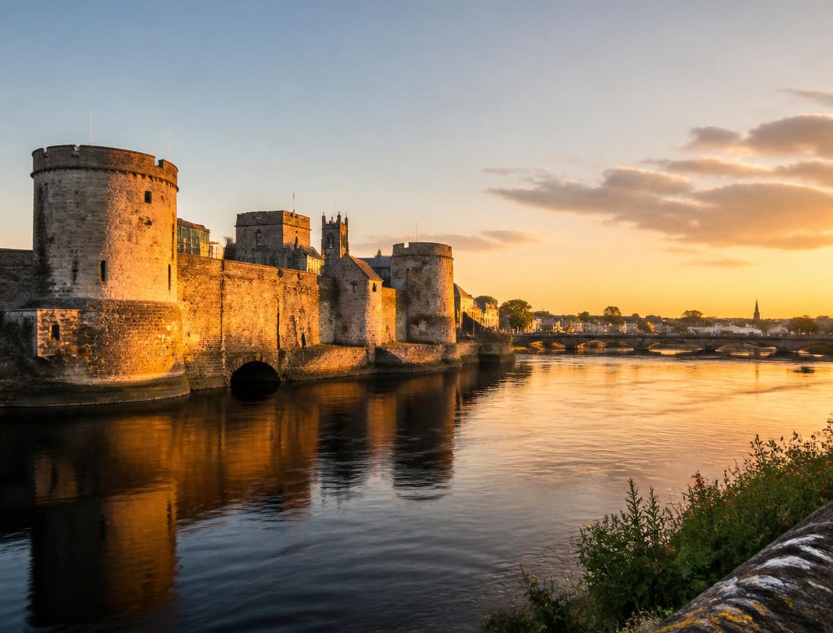 Castelo de Athlone e Rio Shannon ao pôr do sol, Irlanda