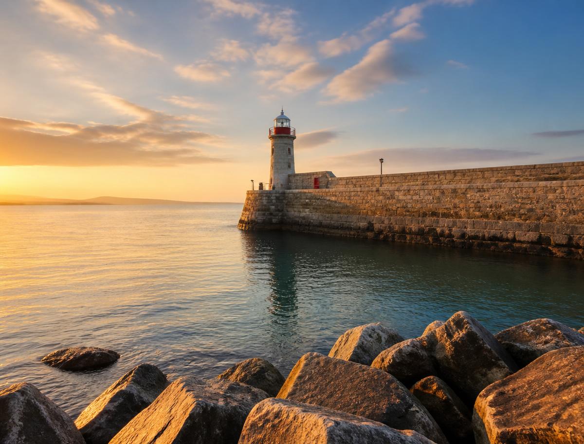 Farol do East Pier em Dún Laoghaire ao entardecer, Irlanda