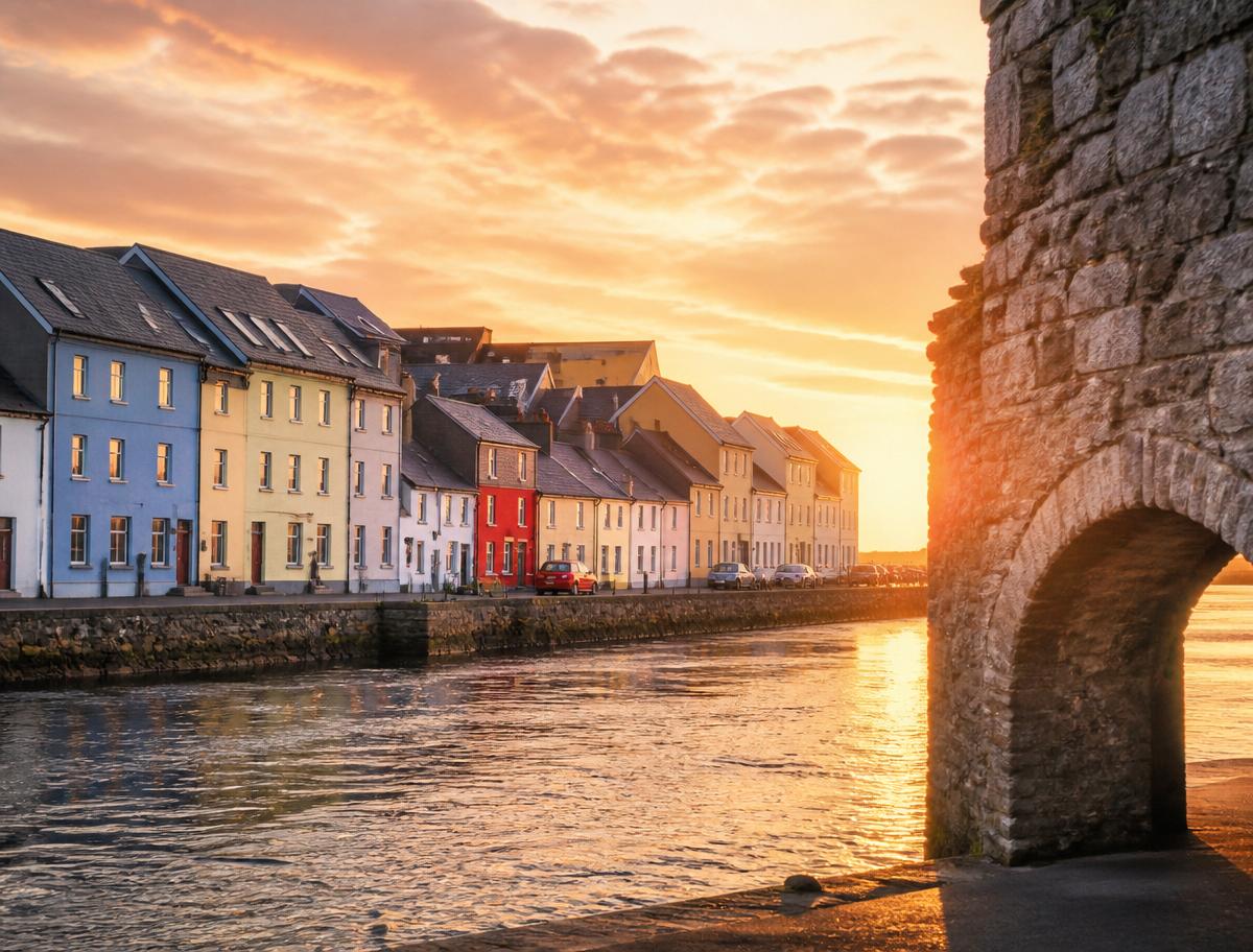 Rua colorida de Galway ao pôr do sol, Irlanda