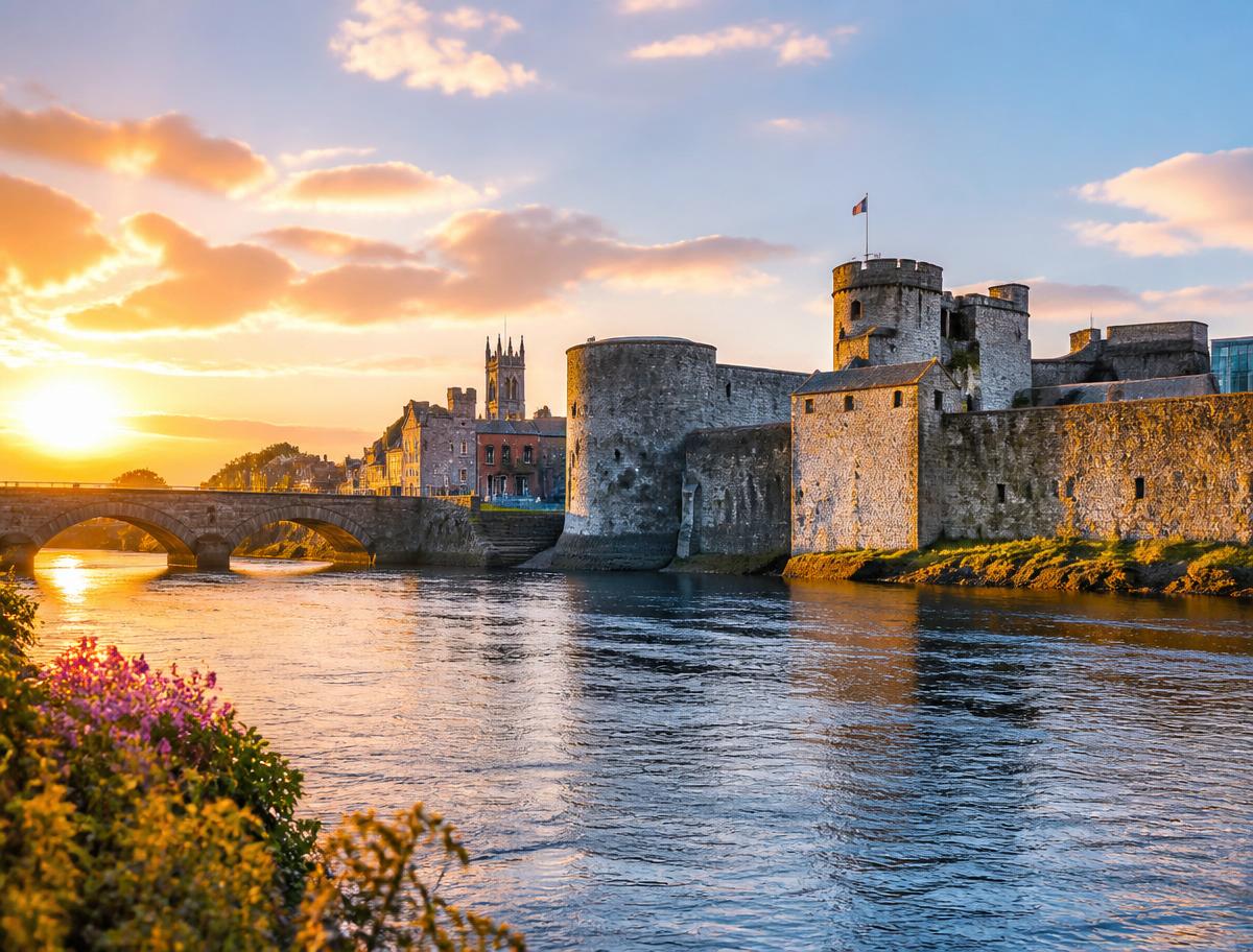 Castelo de King John e Rio Shannon ao pôr do sol em Limerick, Irlanda